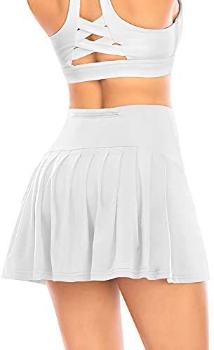 Damen Plissierter Tennisrock mit Hose Faltenrock Kurz Hosenrock Tennis Golf Sport Workout Running Rock Sommerrock Minirock (Weiß, 2XS)