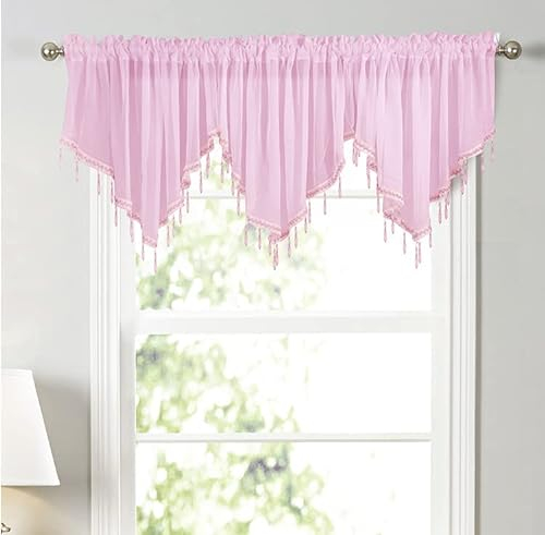 Devola Dreieckiger querbehang Gardine Spitze Scheibengardinen modern transparent Kurzer Vorhang mit hängenden Kristallperlen Küchenfenster Volant heimdekorationen Panneaux BxH 130x60cm Rosa 1 Stück