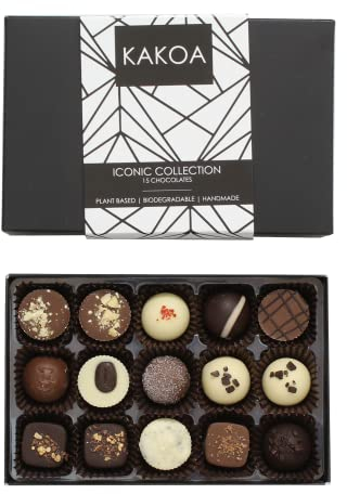 Kakoa Iconic Vegan Chocolate Selection Box - 15 Chocs | Brownie, Coffee, Caramel, Liqueur | Plant Based Luxury Chocolates For Special Occasions | Gifts for Vegans, Vegetarian, Dairy Free Diets