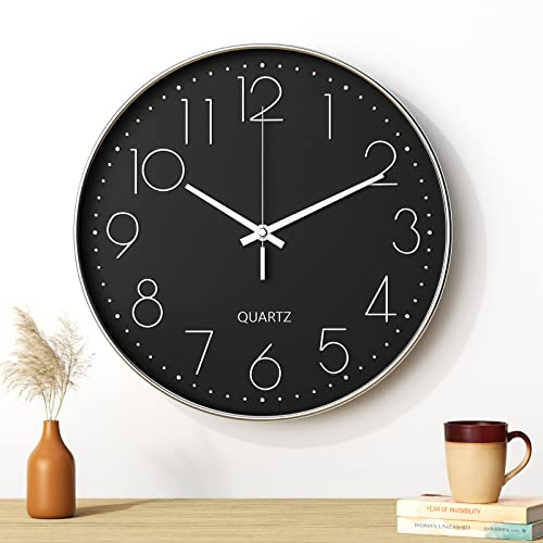 Uootach Wanduhr, 30 cm (12 Zoll), Moderne Wanduhr, geräuscharmes Quarzwerk, minimalistisches Design, modern, schwarz, für Wohnzimmer, Küche, Büro, Schlafzimmer (silberfarbener Charakter)