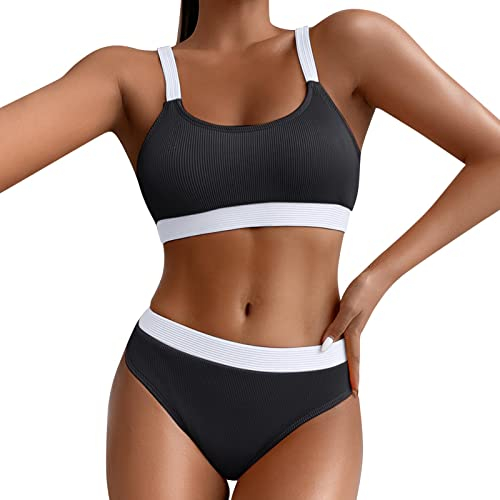 Sport Bikini Damen Gepolstert Push Up Bikini Set Gerippte Bustier Breite Träger Bikinis Bademode Strandmode Sportlich High Waist Bikini-Sets für Damen Zweiteiliger Badeanzug Swimsuit Beachwear