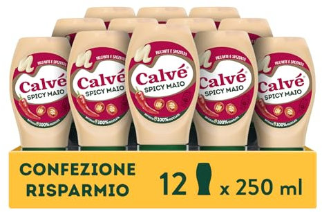 Calvé Maionese Spicy Mayo, 12 Pezzi da 250 ml, Maionese con Aggiunta di Paprica e Pepe di Cayenna, Salsa Piccante e Speziata, Ideale per Sushi, Pokè e Fritti, Bottiglia 100% Riciclata