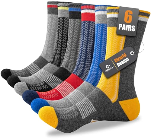 Cirorld Mens Socks 6 Pairs, Socks Mens Multipack for Work, Walking, Sports, Hiking, Running, Cycling, Breathable Cotton Socks, Cushioned Crew Socks, Anti-Blister, Anti-Odour, Moisture-Wicking