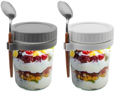 quiodok Lot de 2 Transparent Bocal pour Yaourt et Céréales 350 Ml Bocaux à L'avoine Hermétiques Pot en Verre Avec Couvercle et Cuillère pour Flocons D'avoine, Céréales, Salade, Yaourt