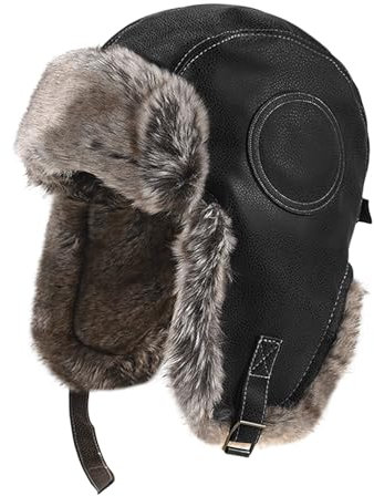 Wintermütze aus Leder für Herren und Damen, warm, Trappermütze, Bombermütze, Winter, dick, mit Ohrenklappen aus Plüsch, winddicht, für Skifahren im Freien, Schwarz , 55/60 cm
