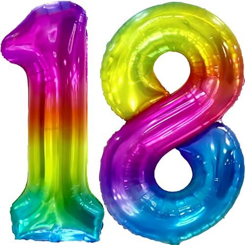FUNFEST 100 cm Regenbogen-Luftballons zum 18. Geburtstag – Geburtstagsballon-Dekoration – inklusive XL-Ballon zum 18. Geburtstag und Strohhalm – Heliumfliegen