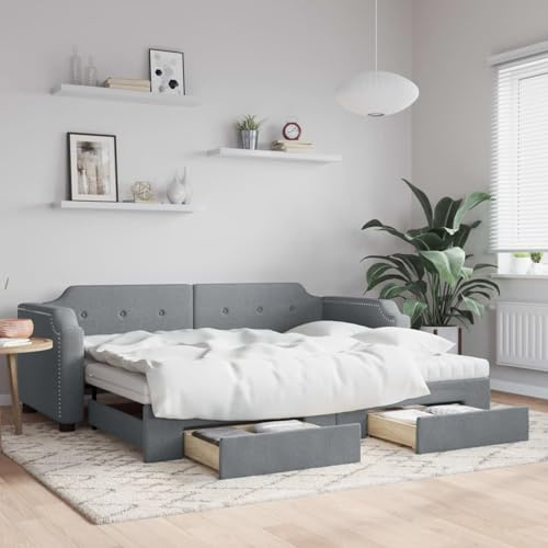 Festnight Tagesbett Ausziehbar mit Bettkasten & Schublade & Matratze Tagesbett 80 x 200 cm Ausziehbare 2-In-1-Tagesbett,Jugendbett 80 x 200 cm Gästebett Schlafbett,Jugendbett,Couchbett Hellgrau Stoff
