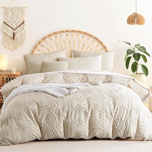 Sedefen Boho Bettwäsche 135x200 cm 4teilig Beige Getuftet Geometrisch Muster Wendebettwäsche Set Stickerei Shabby Chic Böhmen 2 Bettbezug mit Reißverschluss und 2 Kissenbezug 80x80cm