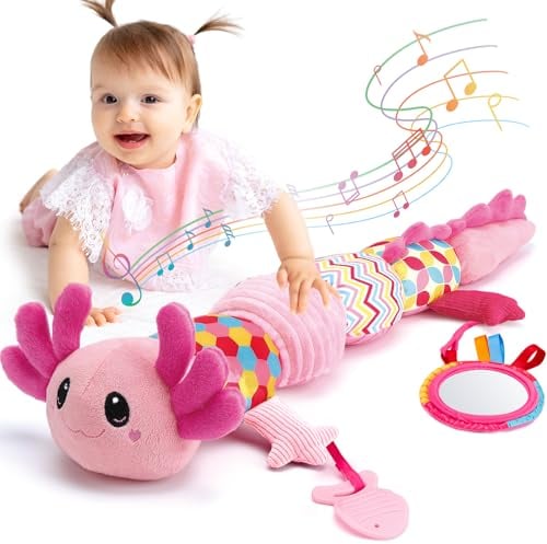 Hahaland Baby Spielzeug 0-6 Monate - Musikalischer Axolotl Plüsch mit Rassel, Beißring, Spiegel, Quietsche, Knitter Baby Mädchen Geschenke, Tummy Time, Montessori, Sensorisches Spielzeug für Babys