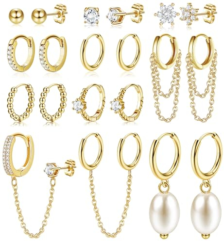 KRFY 11Stück Ohrringe Creolen Gold für Damen Leichte Chirurgenstahl Kette Huggie Ohrringe Damen Set Hypoallergenes Ohrstecker Gold