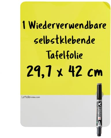 LETSGONOTES A3 Gelb,Tafelfolie Selbstklebend + Folienstift Abwischbar. Überall Anbringen und Abnehmen. Schreiben und Löschen ohne Papierverbrauch.