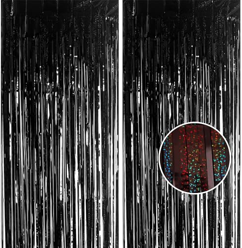 2pcs 3.2 x 8.3ft Glitter Black Tinsel Curtain Foil Curtain Decorations Metallic Tinsel Door Hanging Foil Flow Silk Streamers Photo Backdrop Decoration for Halloween Graduation Newyears Wall Streamers