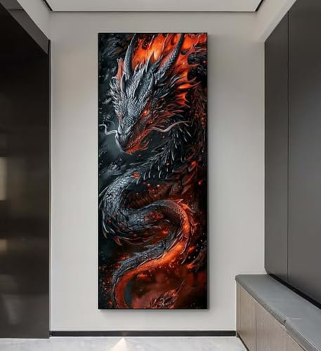 Diamond Painting Adulte,Peinture Diamant Point de Croix,5D DIY Diamond Painting Dragon Flamme Grand Format Broderie Diamant,Tableau en Perles à Coller,Murale Chambre Décoration,Cadeau 30x60cm q106