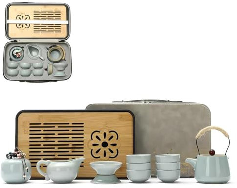 YoeEoay Hochwertiges Keramik Gongfu-Teeservice - 13-teiliges Tragbares Tee Set Für Erwachsene,mit Grauem Lederetui,perfekt Für Zuhause,Outdoor Und Geschäft,Chinesisches Porzellan-Teeservice