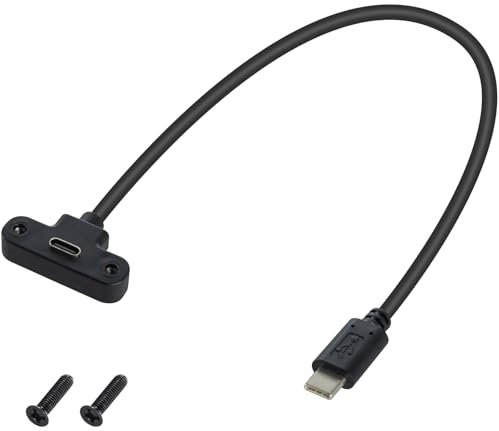 Duttek 90 Degree USB C Extension Cable 1FT/30cm, Short USB C Female to Male Cable, USB3.1 PD 3A with Panel Mount Screw Hole for Laptop, Tablet, Mobile Phone