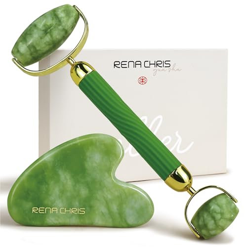 Rena Chris Gua Sha y Rodillo natural de Jade, Guasha Masajeador Facial para Esculpir la Línea de la Mandíbula y Reducir las Hinchazones, Belleza y Cuidado de la Piel