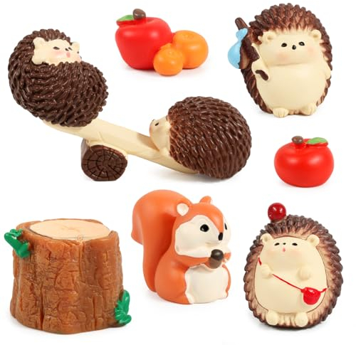 BOOMTOP 9pcs Mini Igel Figur Herbst Deko Igel Miniatur Figuren Herbst Harz Eichhörnchen Mini Tischdeko Gartendeko mit Apfel Pilze Dekofiguren Erntedankfest Geburtstag Geschenk