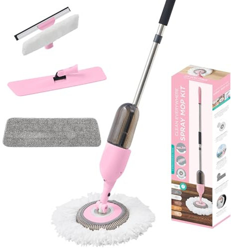 True & Tidy Multi-Surface Spray Mop Kit with Flat, Round, Squeegee Mop Heads, Refillable Water Bottle, Machine Washable Microfiber Pads for Floors, Windows and Glass