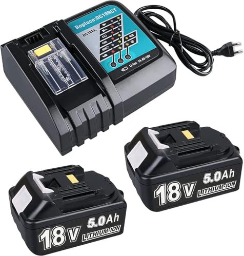 2X 18V 5,0Ah Ersatzakku für Makita + 3A DC18RC Ladegerät Kompatibel mit Makita 14.4V-18V BL1830 BL1850 BL1860 BL1840 BL1820 etc Werkzeugakku und DC18RD DC18RC DC18SF DC18RA DC18RF Ladegerät
