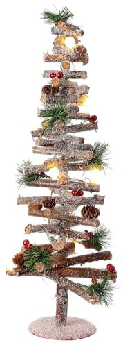 Holyart Alberino Spirale Legno 55 cm 10 luci LED Bianco pigne Bacche