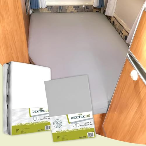 Dexitex - Spannbettlaken Wohnmobil 2er Set - 1 Spannbettlaken Grau + 1 Matratzenschoner (125-155cm x 200cm)- Französische Bettwäsche - für Wohnwagen Bett - Oeko-TEX - 100% Baumwolle - Links - Grau