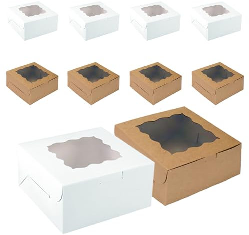 Vebetter 20er Set Cupcake Boxen - 10 braune & 10 weiße Boxen mit Sichtfenster, 10x10x6cm, Einweg-Karton Kuchenbehälter für Party, Geburtstag, Hochzeit, Ideale Verpackung für Cupcakes, Kekse, Desserts