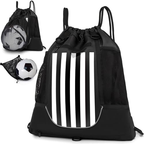 STAY GENT Drawstring Basketball Rucksack für Kinder Jugendliche Erwachsene, Foldable Fußball Volleyball Sporttasche mit Abnehmbarem Ball-Netztasche für Turnhalle Yoga Wandern, Schwarz Weiß Streifen