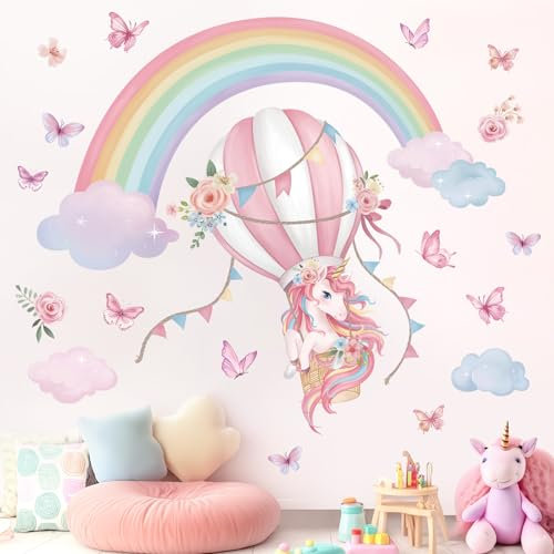 wondever Large Rainbow Unicorn Wall Stickers Unicorn Hot Air Balloon Clouds Butterfly Peel and Stick Wall Art Decals for Baby Nursery Kids Girls Bedroom