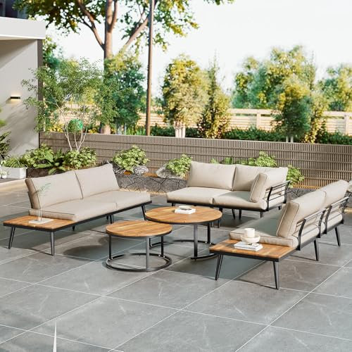 Merax Gartenmöbel Set 5-6 Personen, Lounge Sitzgruppe Outdoor mit Sofatisch, Ecksofa-Set aus verzinktem Eisen & Massivholz, für Garten Balkon Terrasse, inkl. Kissen, wetterfest Gartenlounge Set, Beige