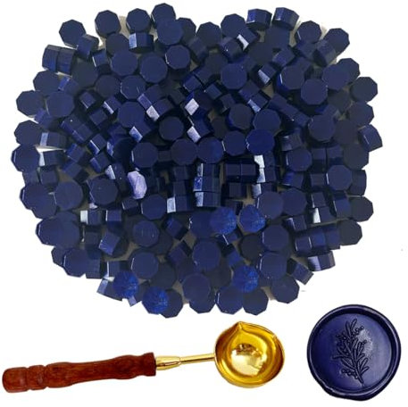 BJOYEE 200 Stück Siegelwachs Blau, Siegelwachs Perlen mit 1 Schmelzlöffel, achteckiges Wachssiegel-Set für Stempel, für Einladungen/Umschläge/Karten/Weinpakete/Geschenkverpackungen