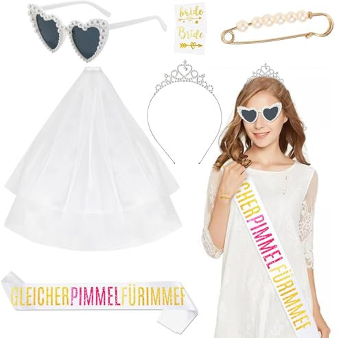 7 Stück JGA Accessoires Frauen - Bride to Be Schärpe, Schleier JGA Weiße, Herz Sonnenbrille Perl, Brosche, 2 Tattoos, JGA Deko Frauen für Junggesellenabschied Brautparty und Hochzeitsfotografie