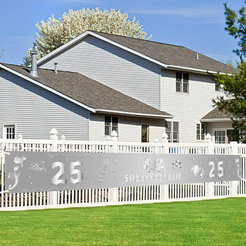 Silberhochzeit Deko Banner, Deko Silberhochzeit Draußen,Silberne Hochzeitsbanner 25. Hochzeitstag Tischdeko Silberhochzeit mit 6 m Gurtband für Garten Tisch Mauer Innen Außen(270 x 35 cm)