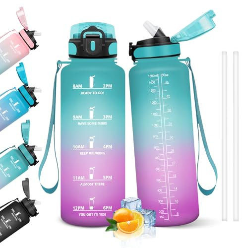 HoneyHolly Gourde, 1.5L Bouteille, Gourde Sport avec Paille, Gourde Motivation avec Marqueur de Temps, Bouteille d'eau, Étanche, Bouteille d'eau pour Randonnée, Camping, Fitness, Cyclisme