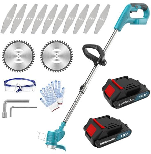 Rasentrimmer Mit Akku, 18v Motorsense akku Mit 2X 3000mAh Batterie, 10x Kunststoffklingen, kantenschneider und Akku Rasentrimmer für effiziente Rasenpflege und Unkrautbeseitigung, blau