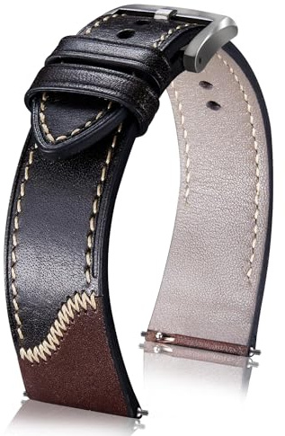 BINLUN Leder Uhrenarmband 20mm 21mm 22mm 24mm Schnellverschluss Handgefertigt Lederarmband Vintage Kontrast Farbblock Design Ersatz Uhrenarmbänder für Herren Damen Uhren Armband(21mm,Schwarz Silber)