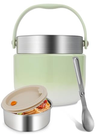 Ezvsevuo Thermobehälter für Essen 1200ml, Thermoschüssel mit Deckel, Thermos Essensbehälter mit Faltbaren Löffel aus Edelstahl, Warmhaltebehälter Essen für Schule, Arbeit, Outdoor(Grün)