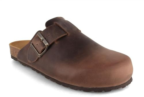 Tuffeln Leder-Clogs Helgoland mit weichem Korkfußbett bequeme Hausschuhe & Pantoletten für Damen & Herren, Braun Gr. 46