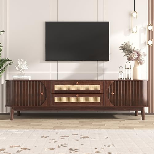 OLIVIBED Mueble de TV de madera con ratán, mueble de TV con 2 cajones y 2 puertas correderas, mezcla de madera natural, mueble de TV de estilo rústico, para salón, 170 x 39,5 x 46 cm