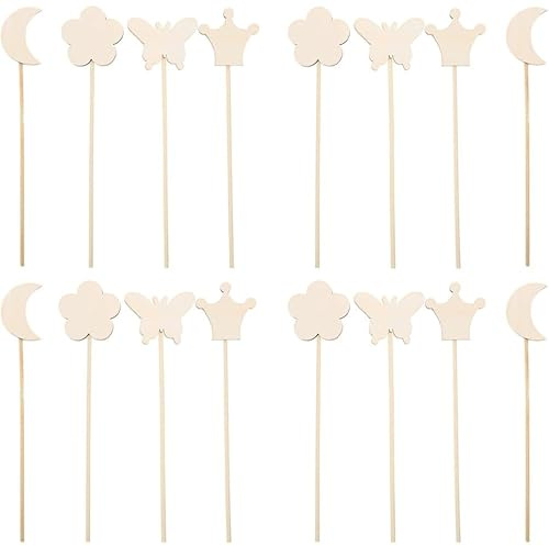 Milisten 16Er Set Hölzerne Feenstäbe Unbemalter Feenstab Für Kinder Zum DIY Basteln 4 Motive Blumenfee Krone Schmetterling Mond Für Malen Dekorieren Geburtstage Und Rollenspiele