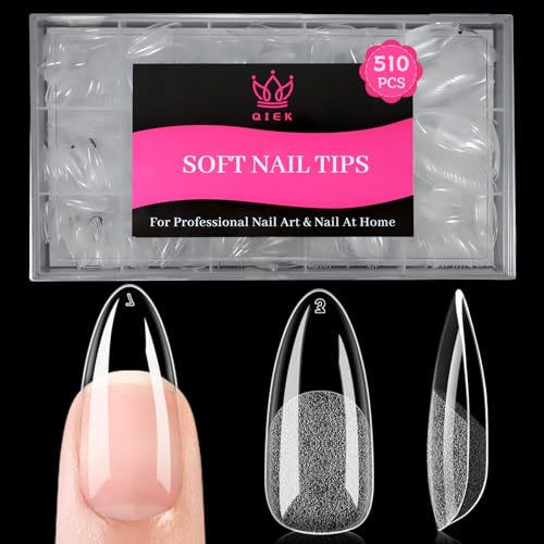 QIEK 510 Stück 15 Größen Nail Tips für Gelnägel Medium Mandel | Soft Gel Nageltips Full Cover, Pre-Shaped Press On Nails, Kein Feilen Erforderlich, Fake Nagel Tips für Home DIY Nageldesign