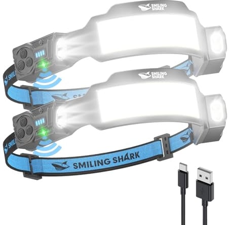 Smiling Shark TS-6 Lámpara Frontal, Linterna Cabaza LED Recargable 2400mAh con Doble Foco Ajustable&Inclinable Sensor de Movimiento Diseño Manos Libres para Camping Jogging Senderismo Correr (2)