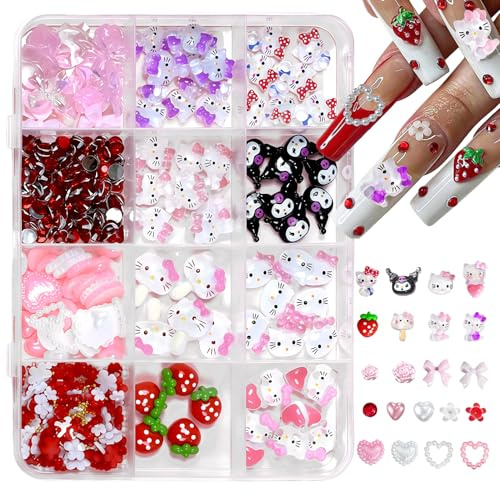 3D Nägel Charms - 96PCS Niedlich Katze Nagel Schmuck - Bunt Herz Erdbeere Blume Schleifen Nagelschmuck Nail Art Zubehör - Rot Strasssteine Nägel - Nail Charms Für Frauen Mädchen DIY-Dekoration