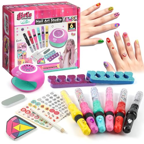 BLIFF Nail Art Pens for Kids Set, Nail Polish Kit, Gift for Girls Ages 6-12 | Comes with Nail Dryer, Glitter Powder and Nail Stickers, Creative DIY Toy, Ideal Holiday & Birthday Gift Choice