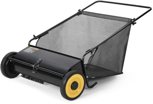 Garvee 21 inch pressure lawn sweeper, leaf and grass collector, strong rubber wheels and heavy thick steel durable to use with large 3.5 Cu. ft Hopper bag, 4 spin brushes