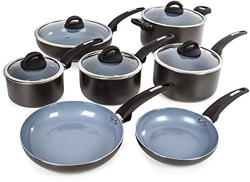 Tower Cerasure Frying Pan and Saucepan Set, Aluminium Body and Easy Clean Non-Stick Inner Ceramic Coating, Graphite, 7 Piece