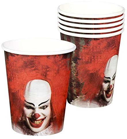 Boland 72352 - Becher Horror Clown, mehrfarbig, 6 Stück, Fassungsvermögen ca. 250 ml, Halloweenparty, Partygeschirr, Geburtstag