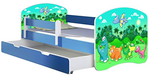 ACMA Kinderbett Jugendbett mit Einer Schublade und Matratze Blau mit Rausfallschutz Lattenrost II 140x70 160x80 180x80 (30 Dino, 180x80 + Bettkasten)