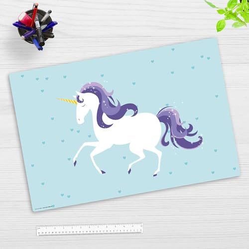 Schreibtischunterlage Kinder – “Einhorn lila“ – aus erstklassigem, strapazierfähigem Vinyl (Kunststoff) – 60 x 40 cm – Schreibunterlage für besten Schutz – Made in Germany