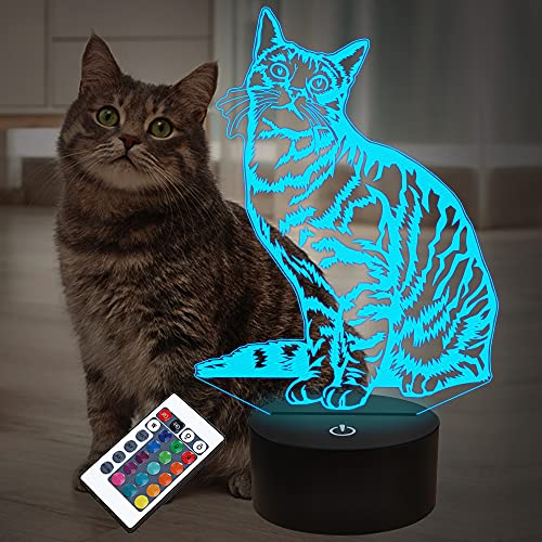 Chat Pet Cadeaux pour Enfants Filles, 3D Illusion LED Lampe Chat Veilleuse avec Télécommande 16 Couleurs Changeantes Décoration Lampes de Chevet