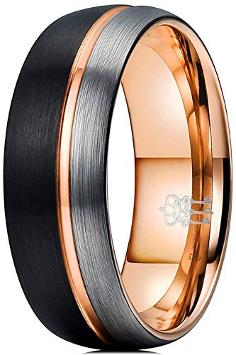 Three Keys Jewelry 8mm Black and Silver Tungsten Wedding Ring Thin Side 18K Rose Gold Grooved Brushed Dome Wedding Band Engagement Ring Size U
